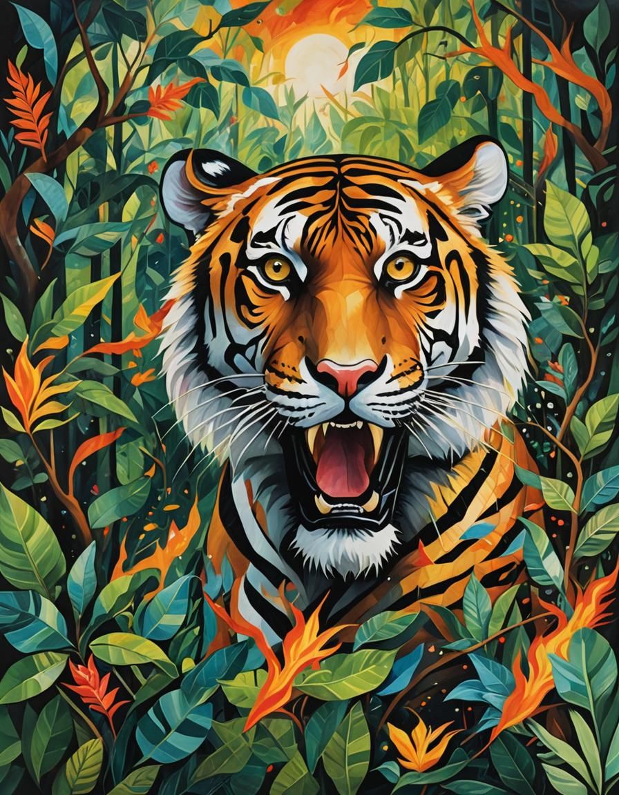Surreal Tiger in Jungle: Abstract Cubism Gouache Art
