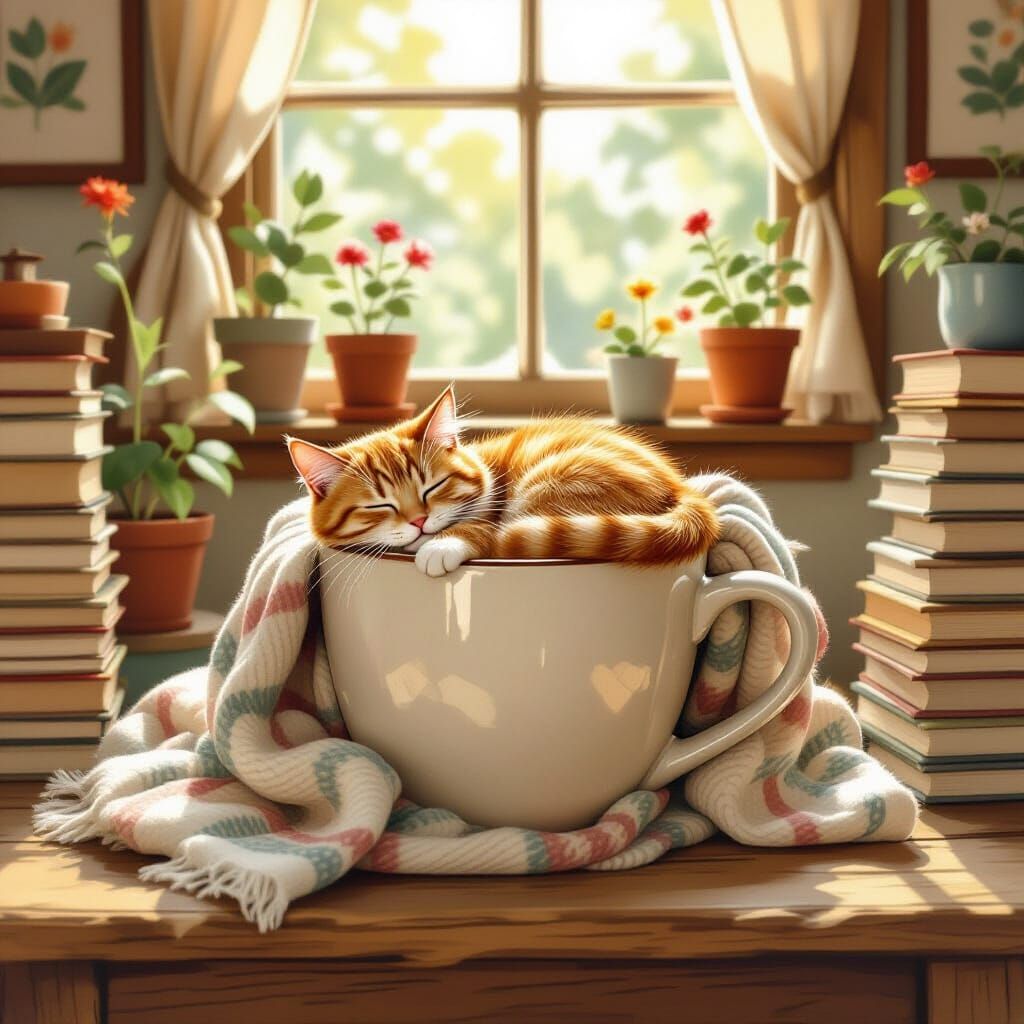Ginger Cat Asleep in Mug, Painterly Illustration