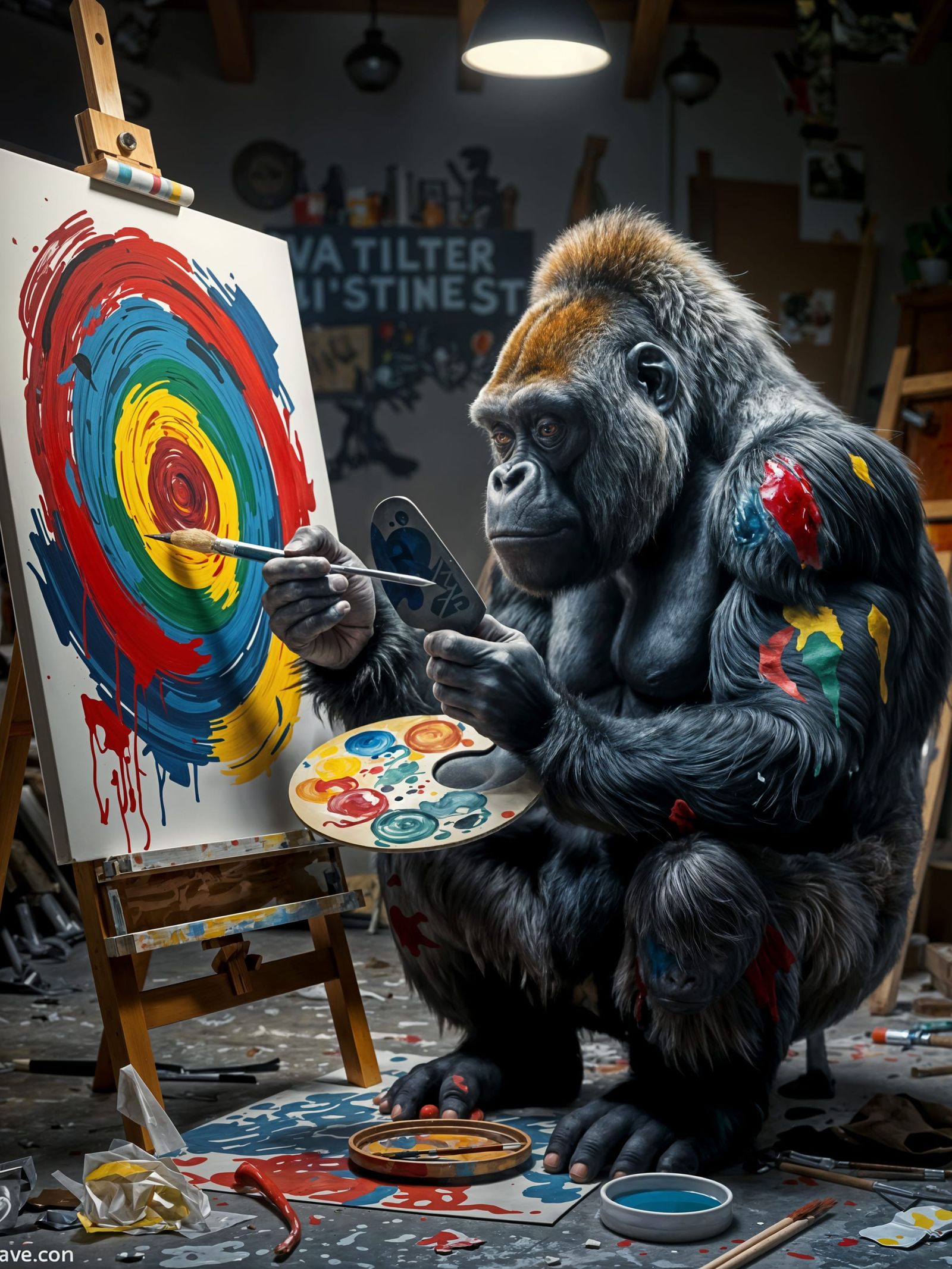 Silverback Gorilla as Abstract Painter in Studio
