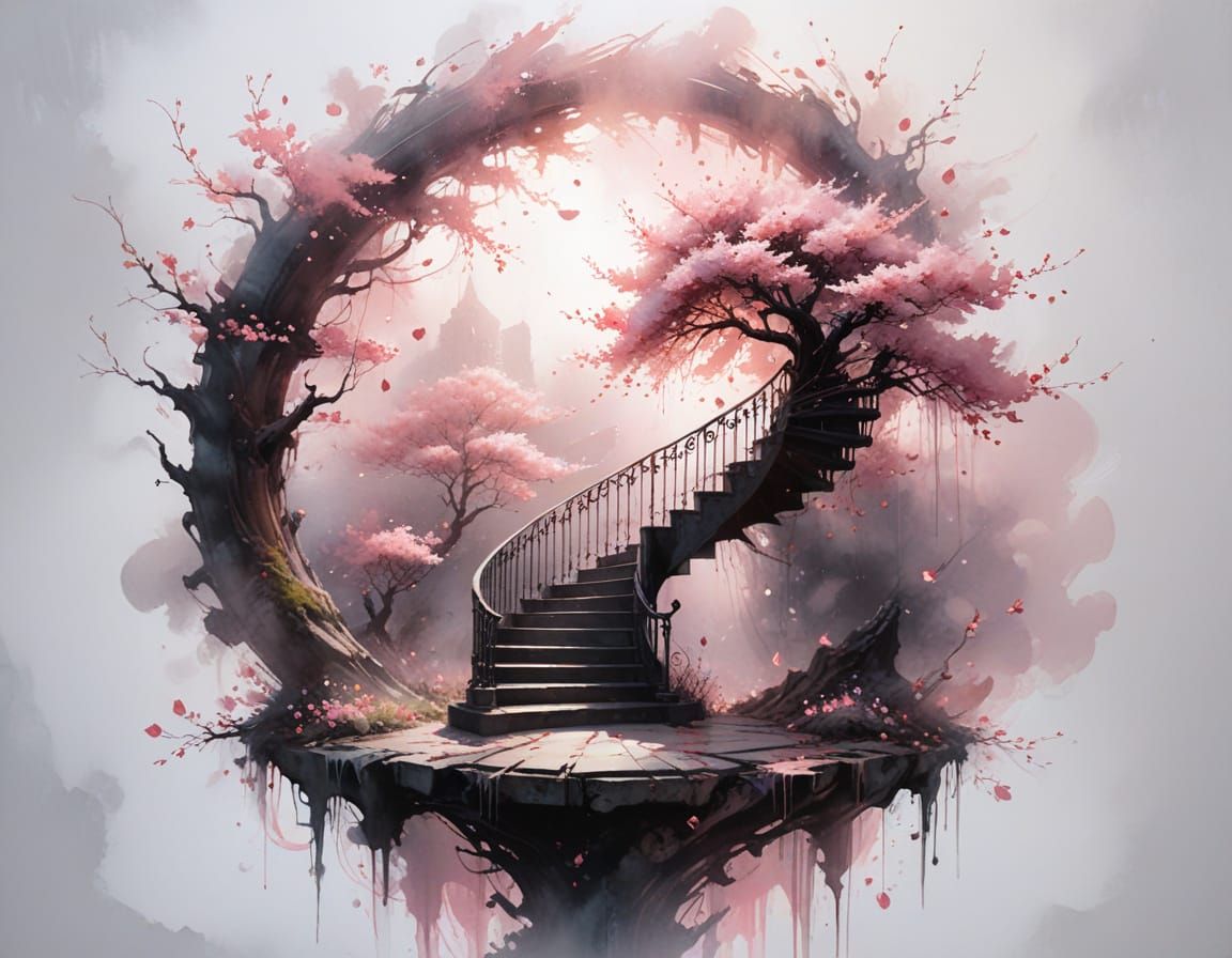 Surreal Spiral Staircase to Luminous Tree in Dreamlike Lands...