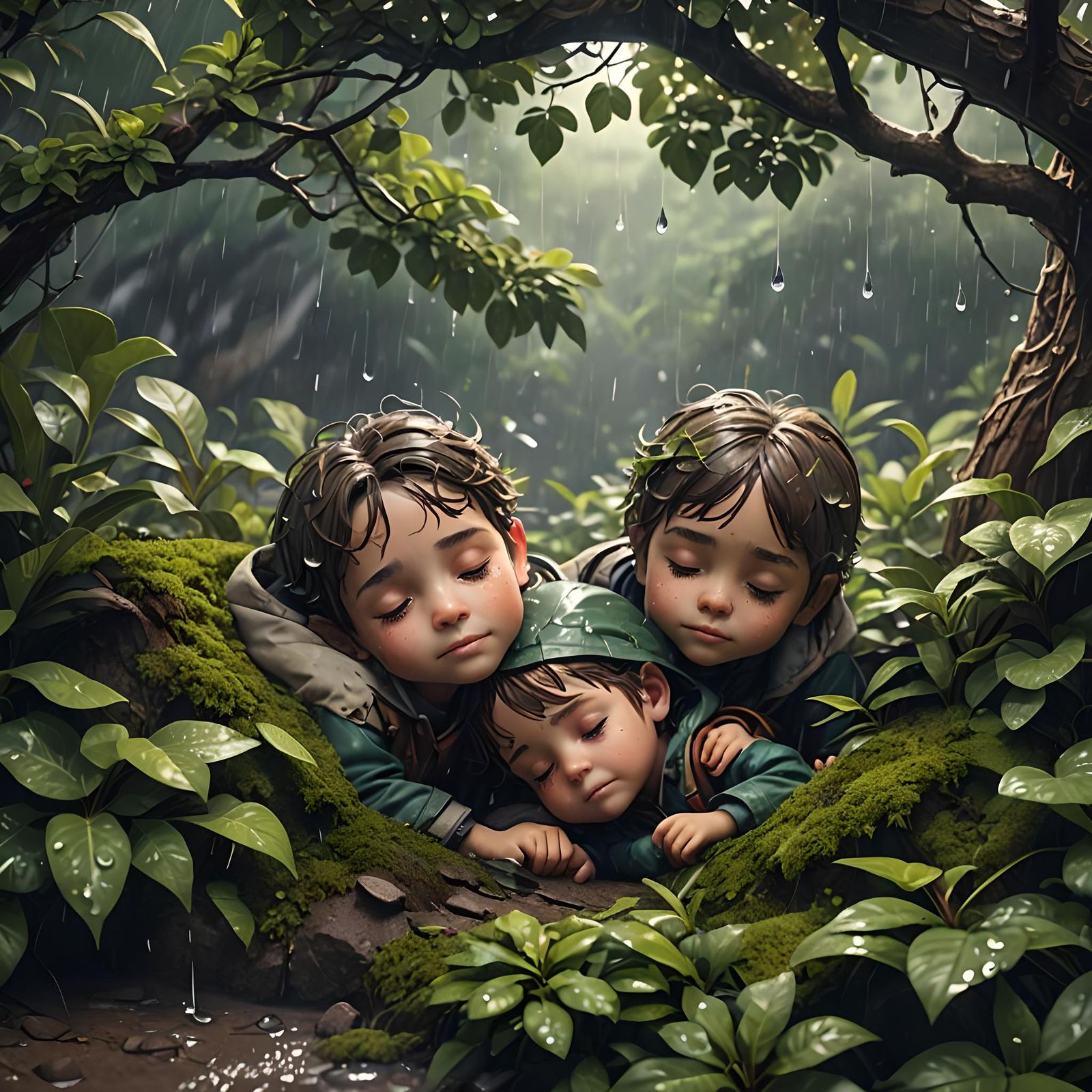 Kids Sleeping Peacefully in Rain, Detailed Matte Painting