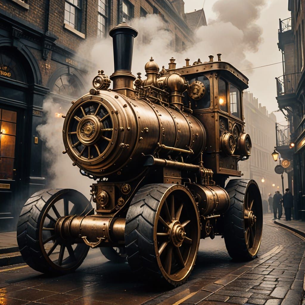 Steampunk Steamroller on London Street in Industrial Style