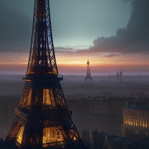 Steampunk Eiffel Tower at Sunset: Fantasy Concept Art