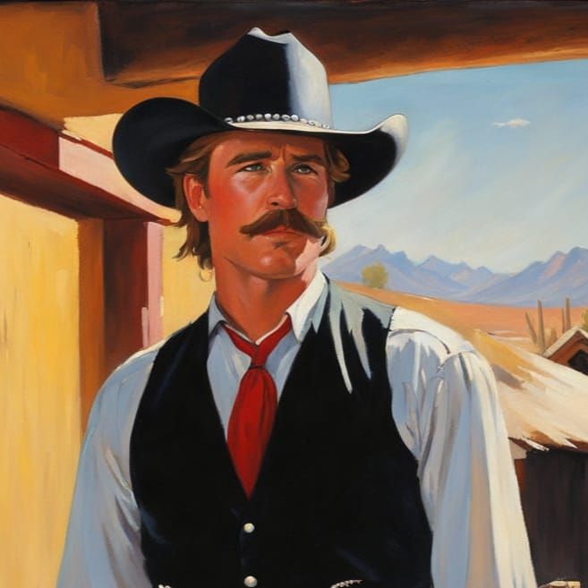 Cowboy Outside Cantina as Impressionistic Oil Painting