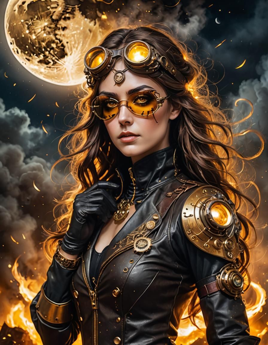 Steampunk Woman with Golden Eyes and Dripping Gold