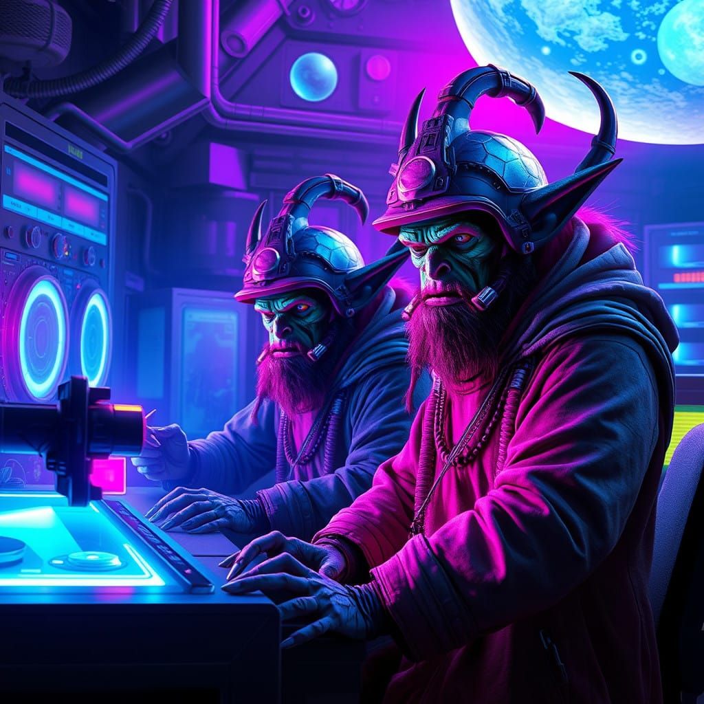 Sci-Fi Orc Wizards in Futuristic Alien Laboratory