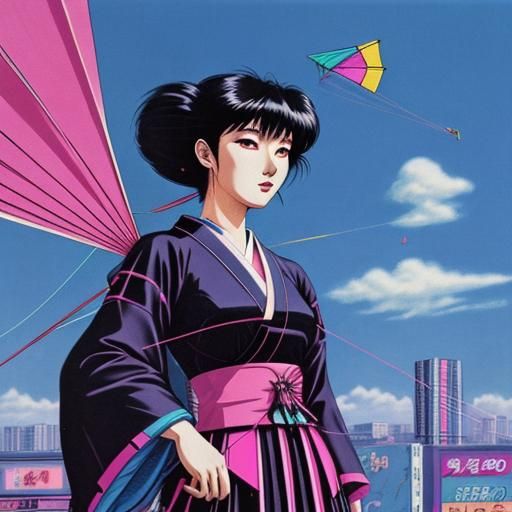 Japanese Gothic Girl Flying Kite in Synthwave Neon