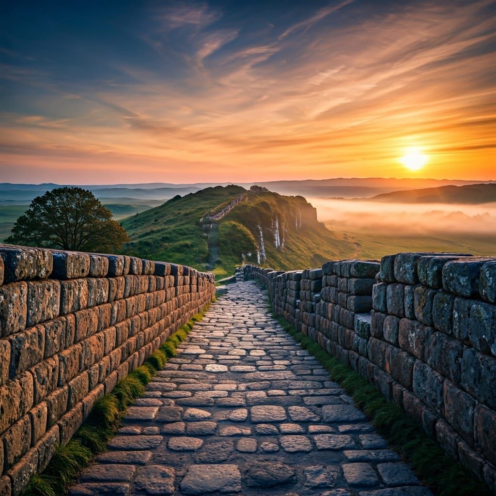 Misty Dawn Over Hadrian's Wall in Fantasy Style