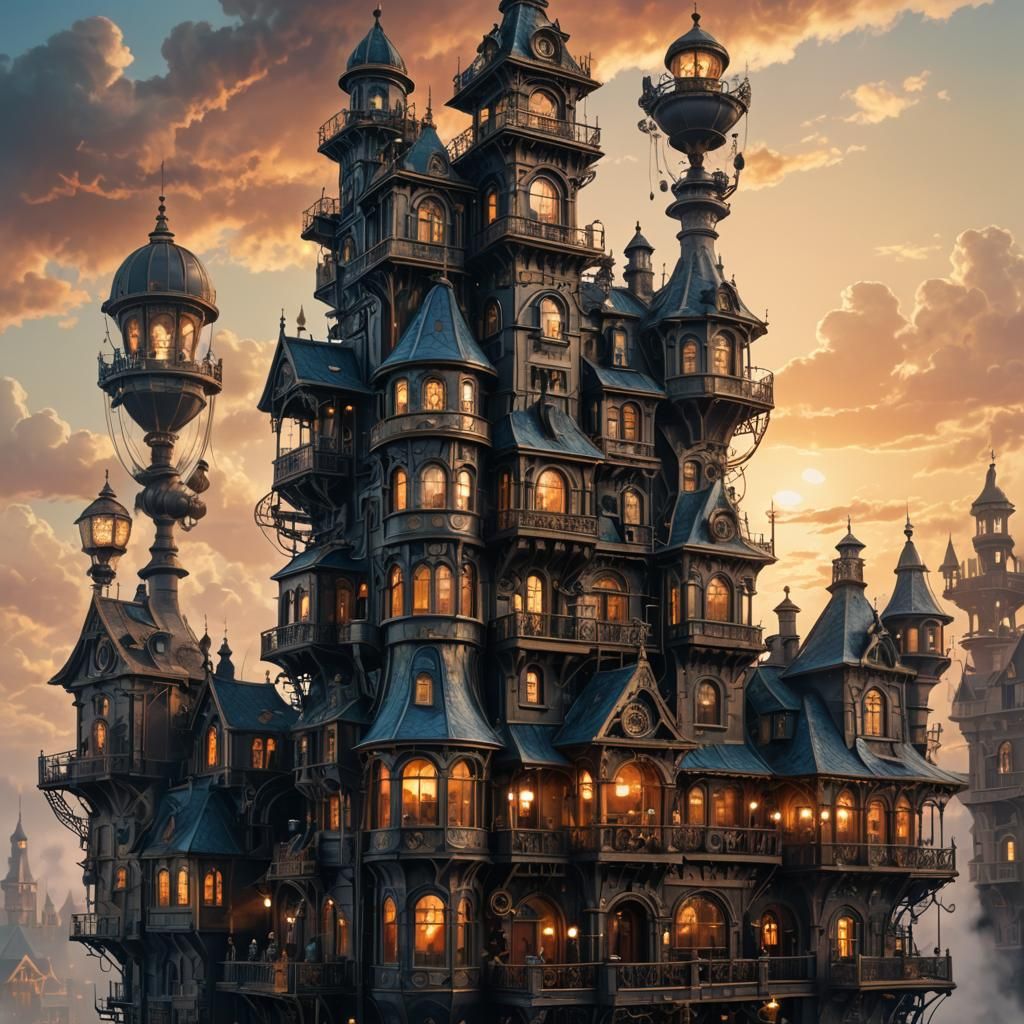 Tower of Steampunk Houses in Dusk Light