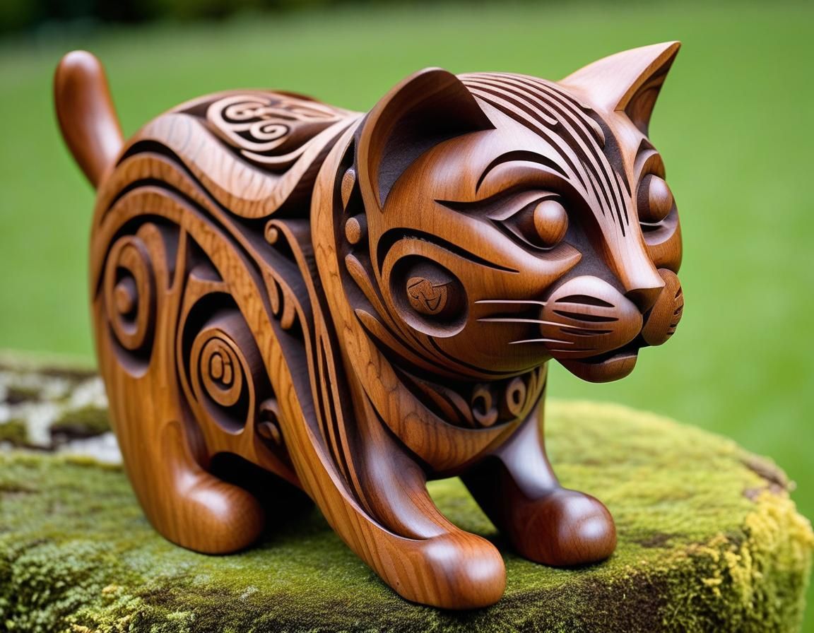 Maori Wood Carving of Cat Hunting Mouse