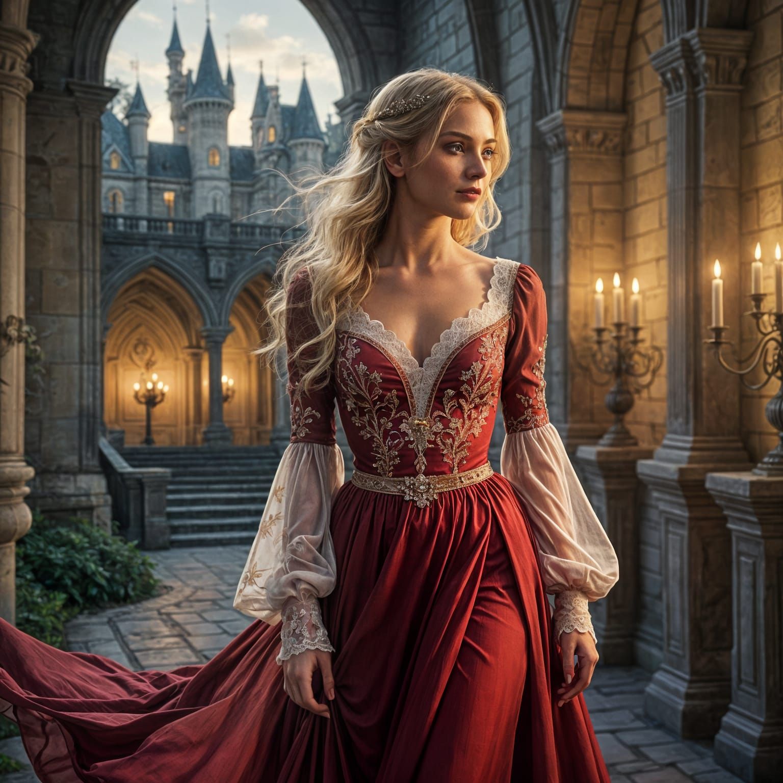 Elegant Blonde Woman in Fantasy Castle Setting