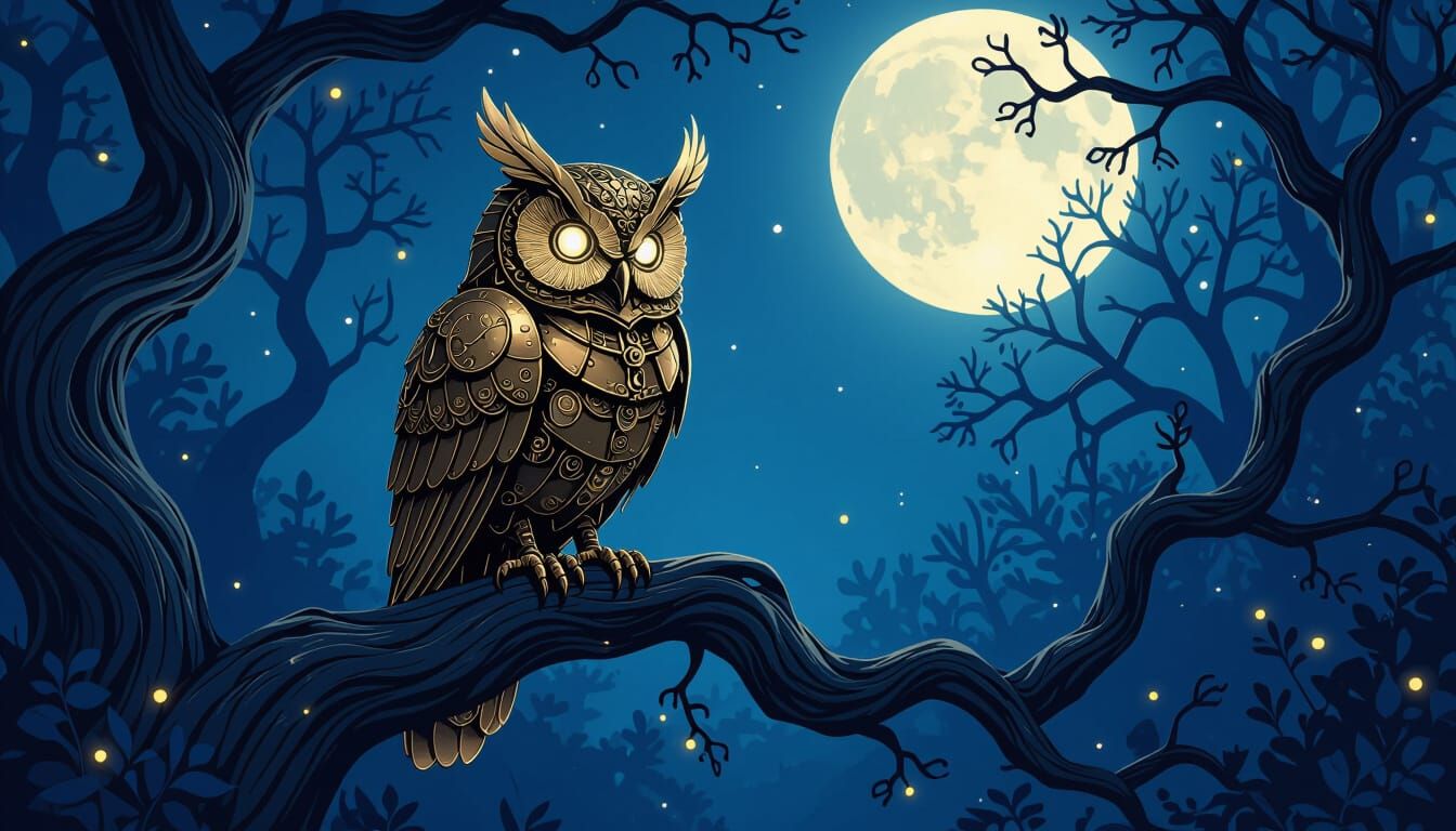 Mechanical Owl in Enchanted Forest Moonlight