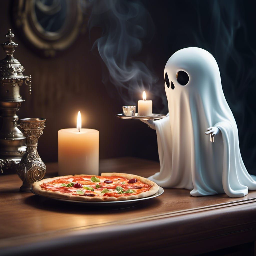 Cute Ghost Enjoys Pizza in Haunted Mansion