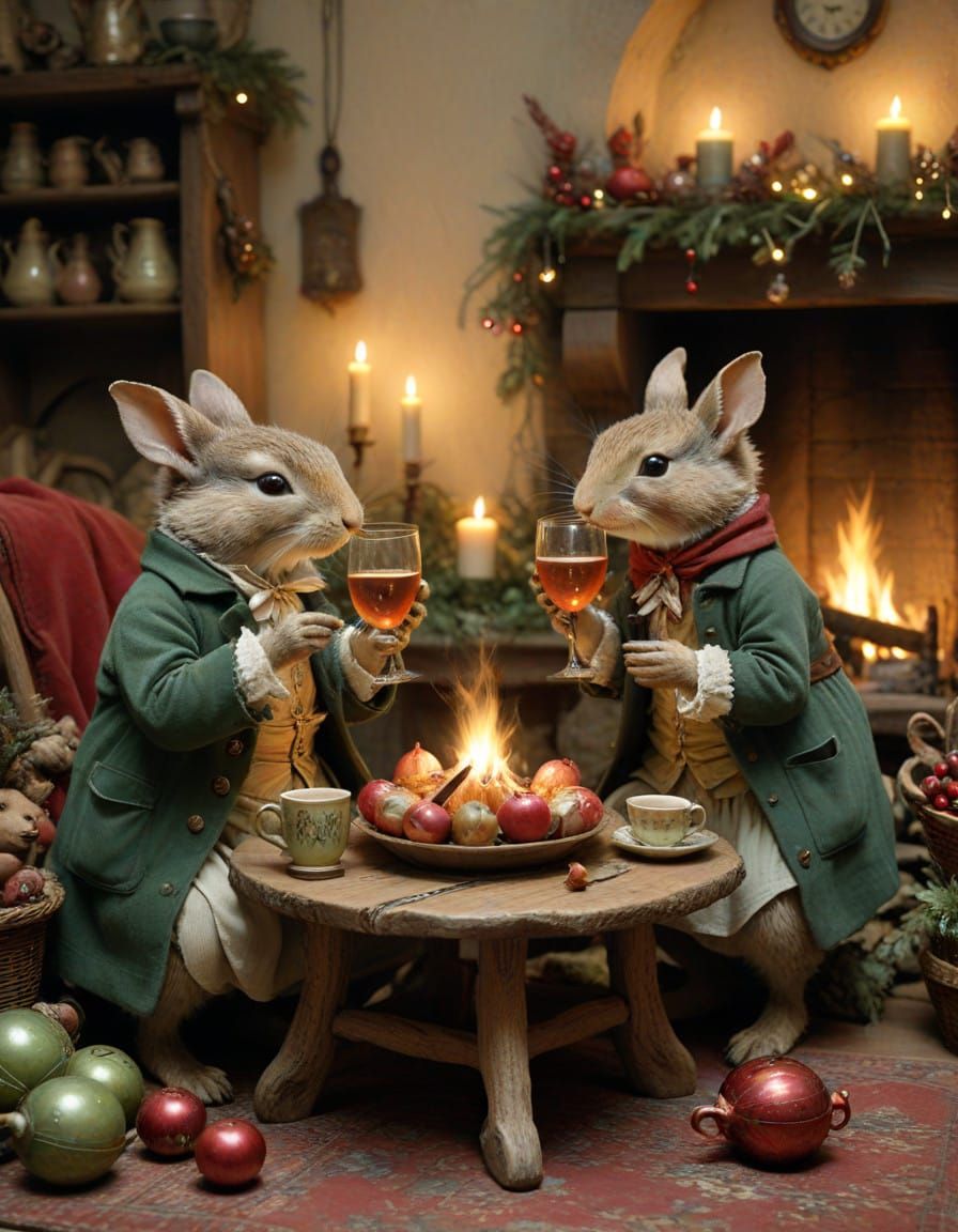 Whimsical Winter Elves Gather by Cozy Fire