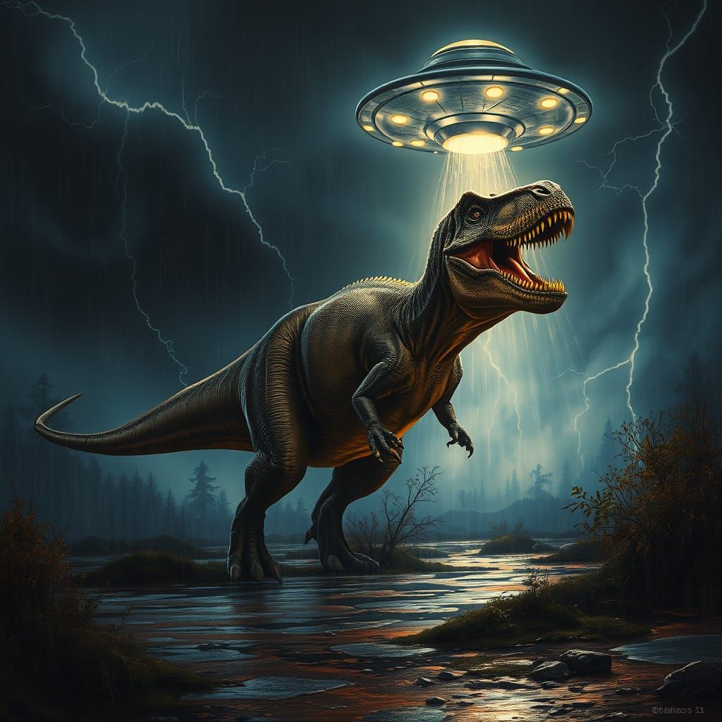 Tyrannosaurus Rex Confronts a Glowing UFO in a Futuristic St...