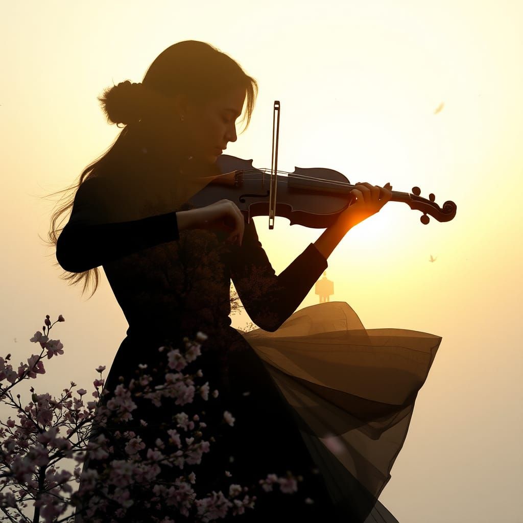 Four Seasons Violin Silhouette in Golden Hour