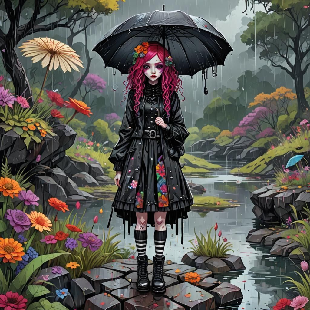 Gothic Girl in Rainy Floral Grunge Illustration