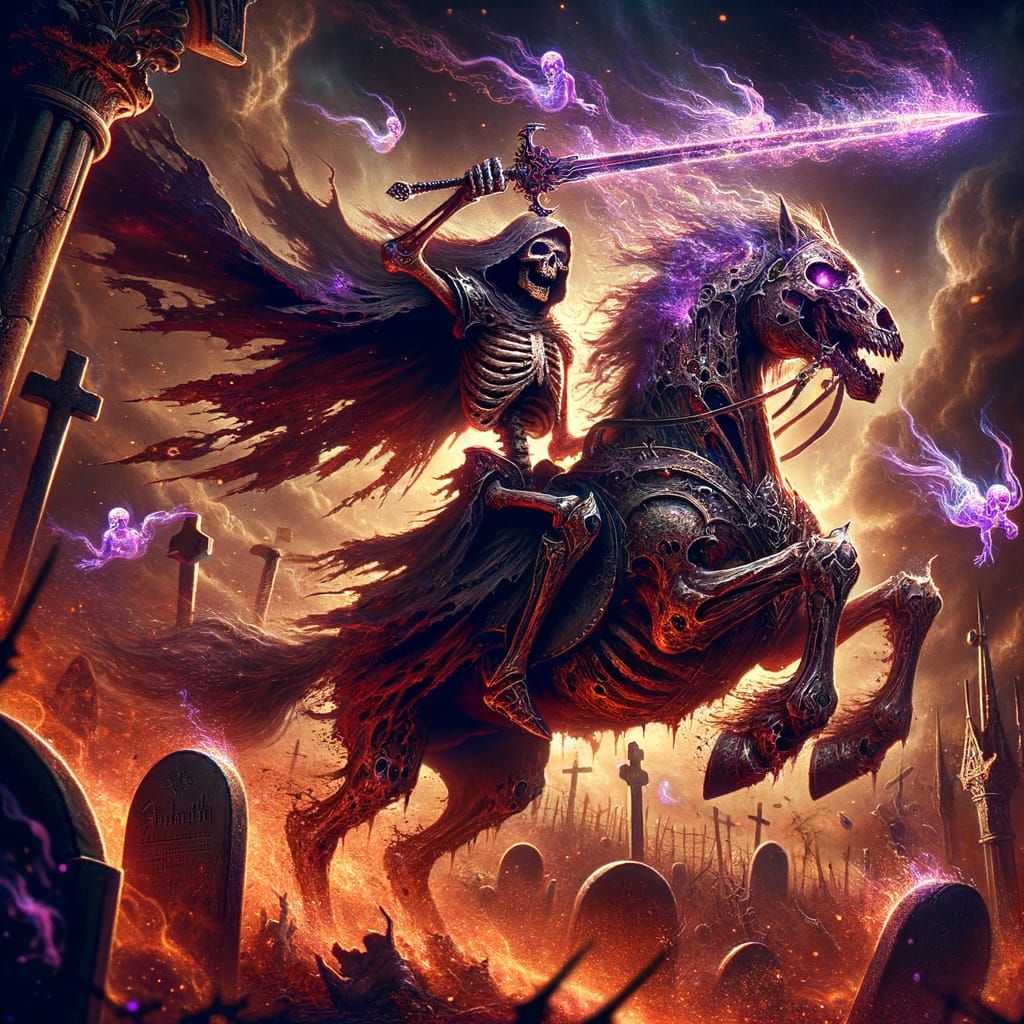 Skeletal Knight Charging Through Graveyard in Digital Art