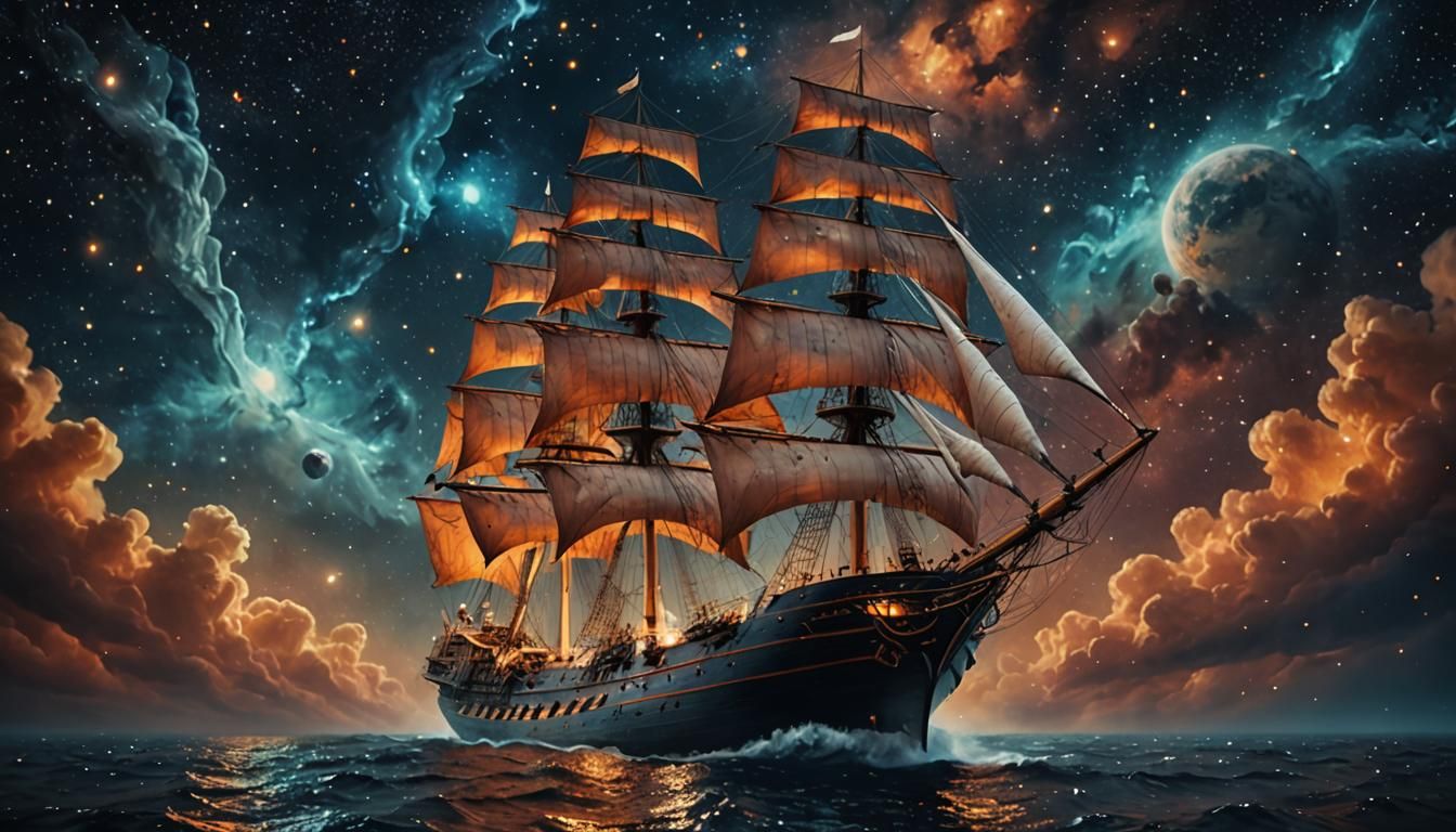 Surrealist Ship Sails Through Starry Outer Space