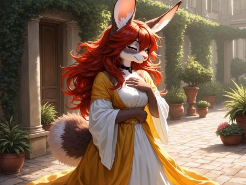 Victorian Bunny Lady in Scarlet Splendor