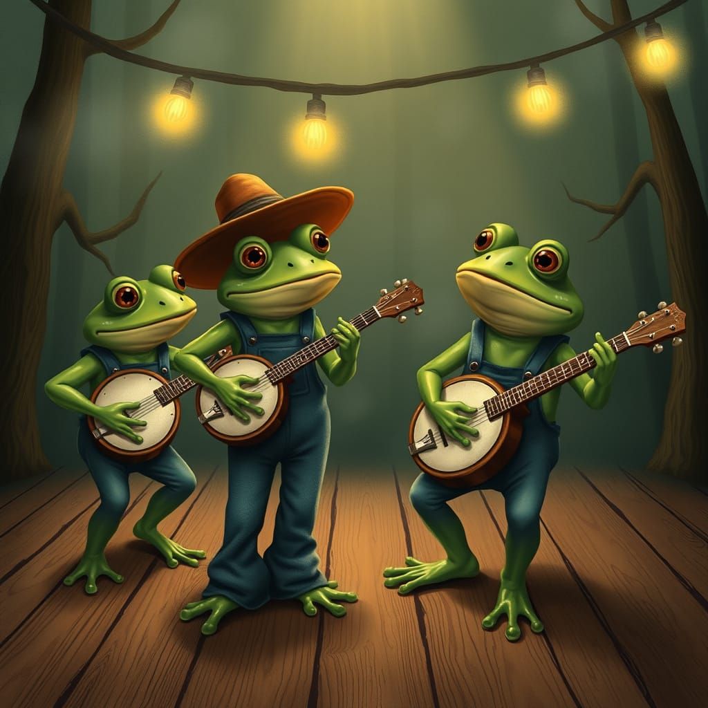 Frogs Playing Banjos in Misty Swamp, Folk Art