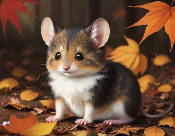Cute Fluffy Mouse Portrait with Autumn Leaves