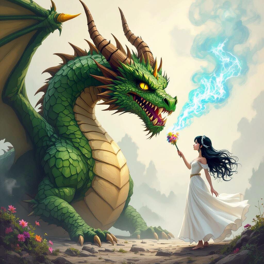 Green Dragon Confronts Fairy in Fantasy Illustration