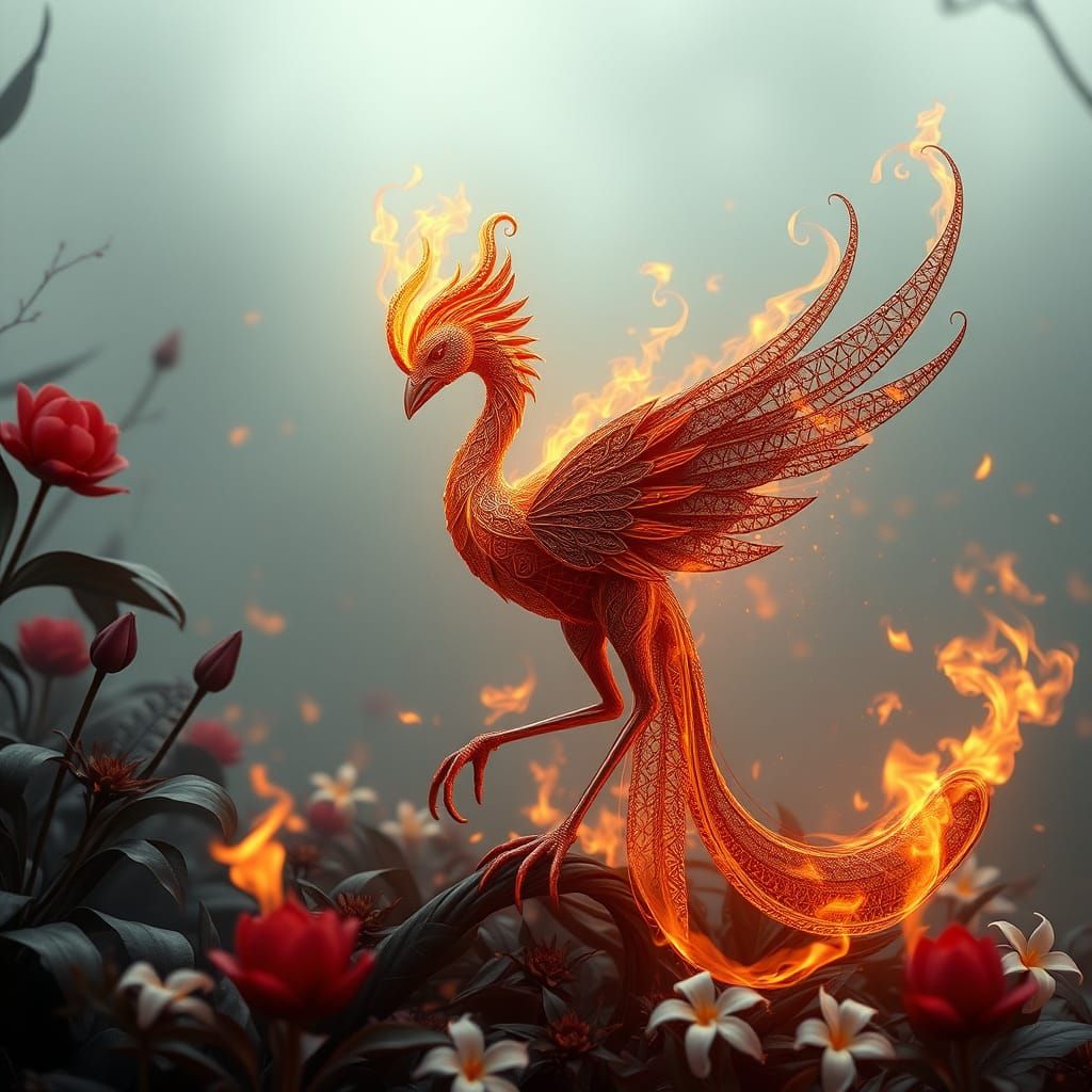 Metallic Avian Creature in Dark, Velvety Landscape