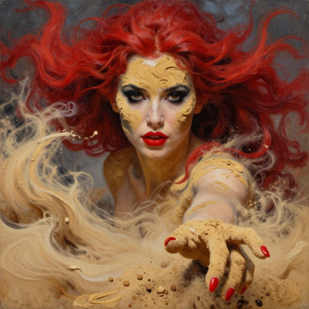 Woman Made of Golden Sand with Red Hair and Lips