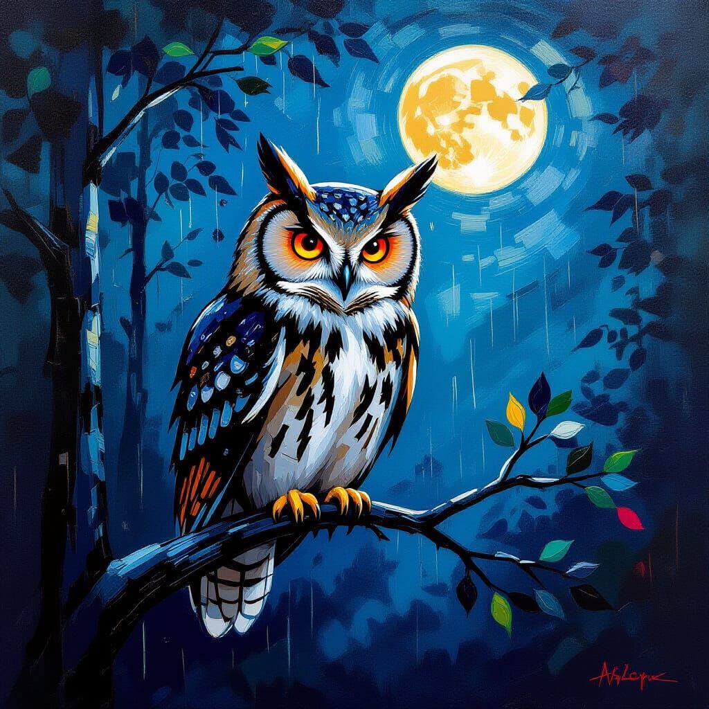 Owl with Red Eyes in Rainy Forest Under Full Moon