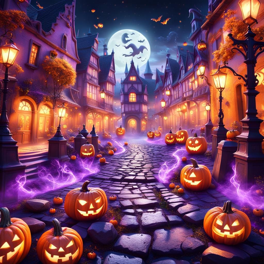 Mystical Halloween Night in Fantasy Town Square