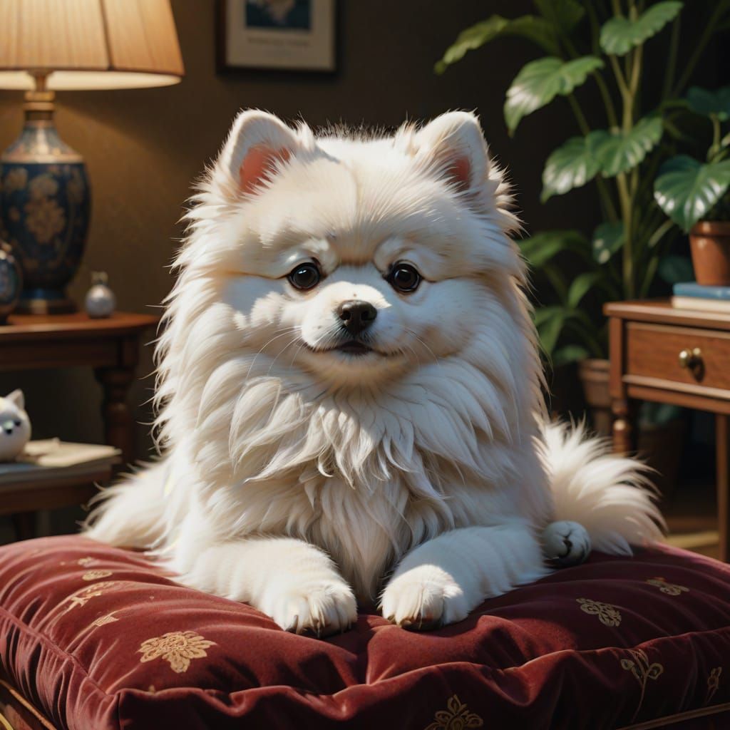 White pomeranian posing on velvet cushion