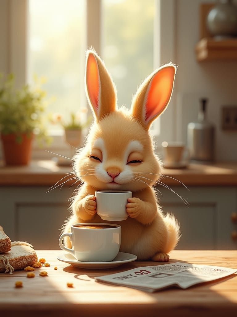 Sleepy Rabbit Sipping Coffee: Whimsical Watercolor Art