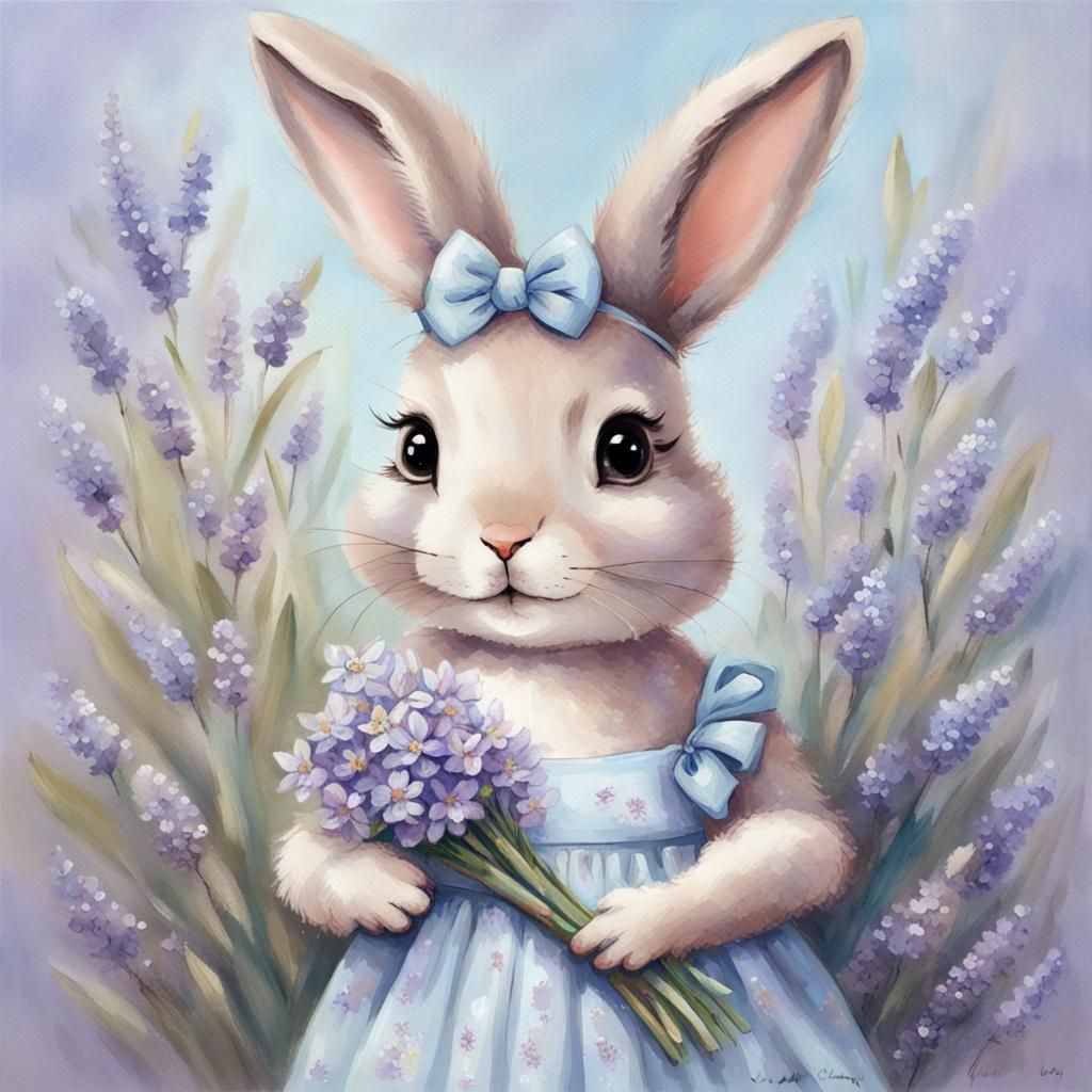 Bunny with Flowers in Lavender and Blue Painting