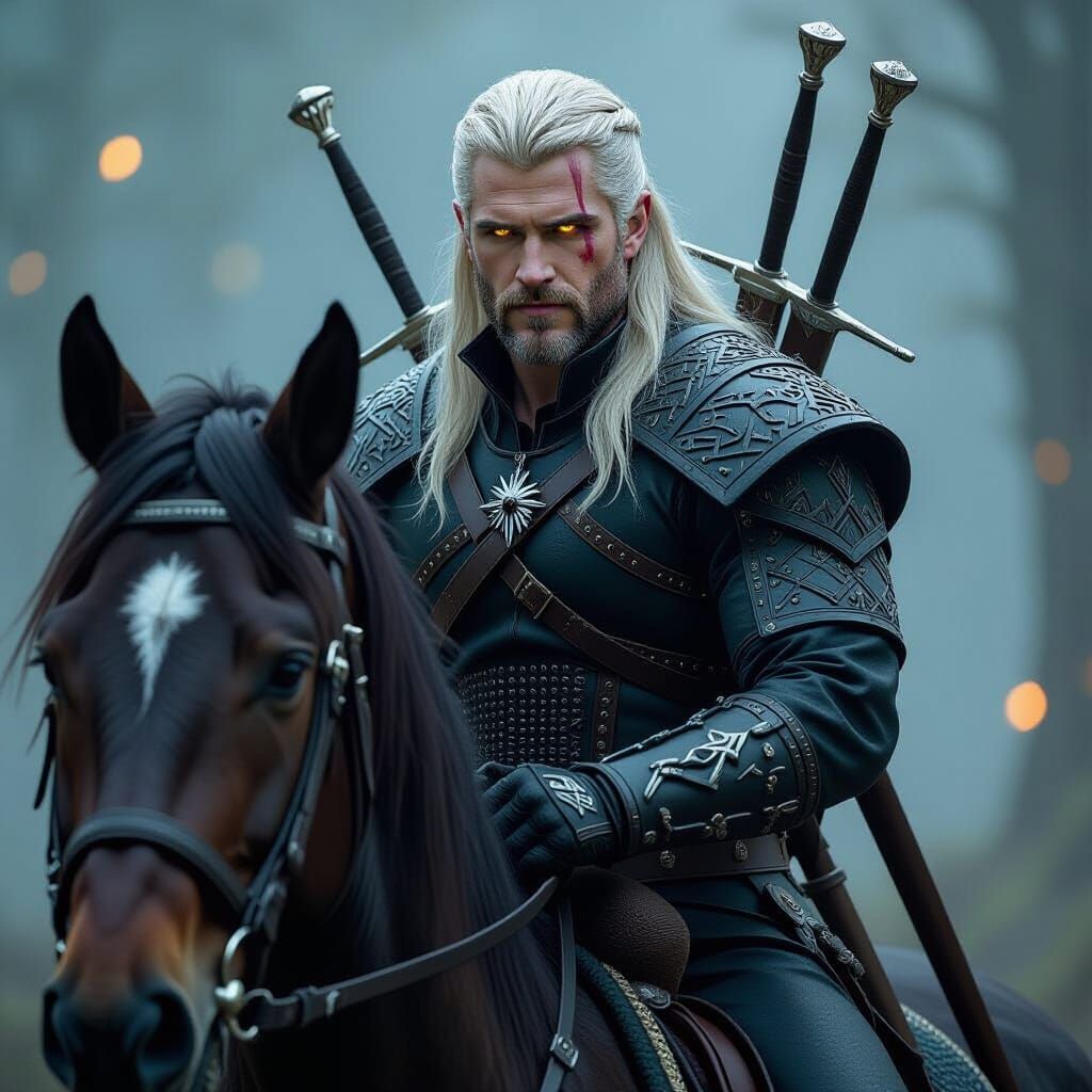 Geralt of Rivia on Roach: Dark Fantasy Portrait