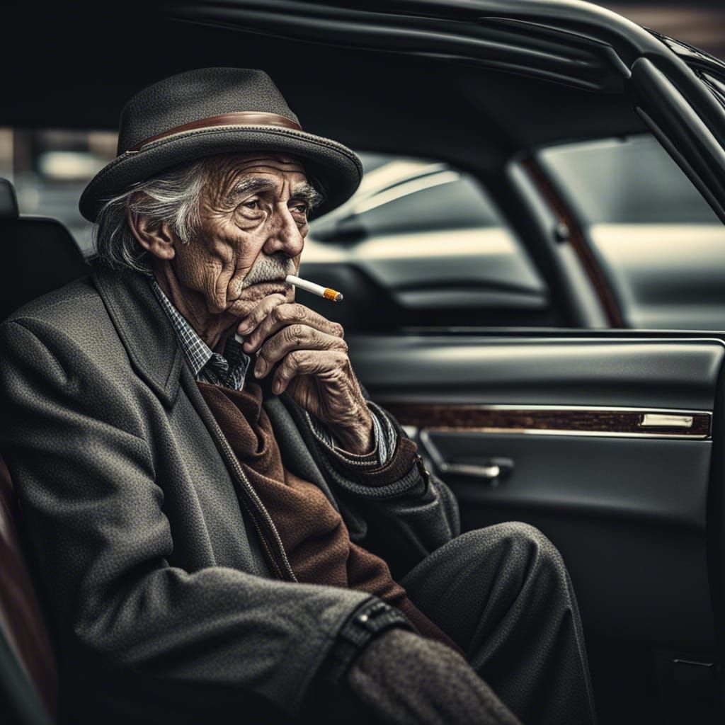 Hyperrealistic Old Man Smoking in Car on Parking Lot