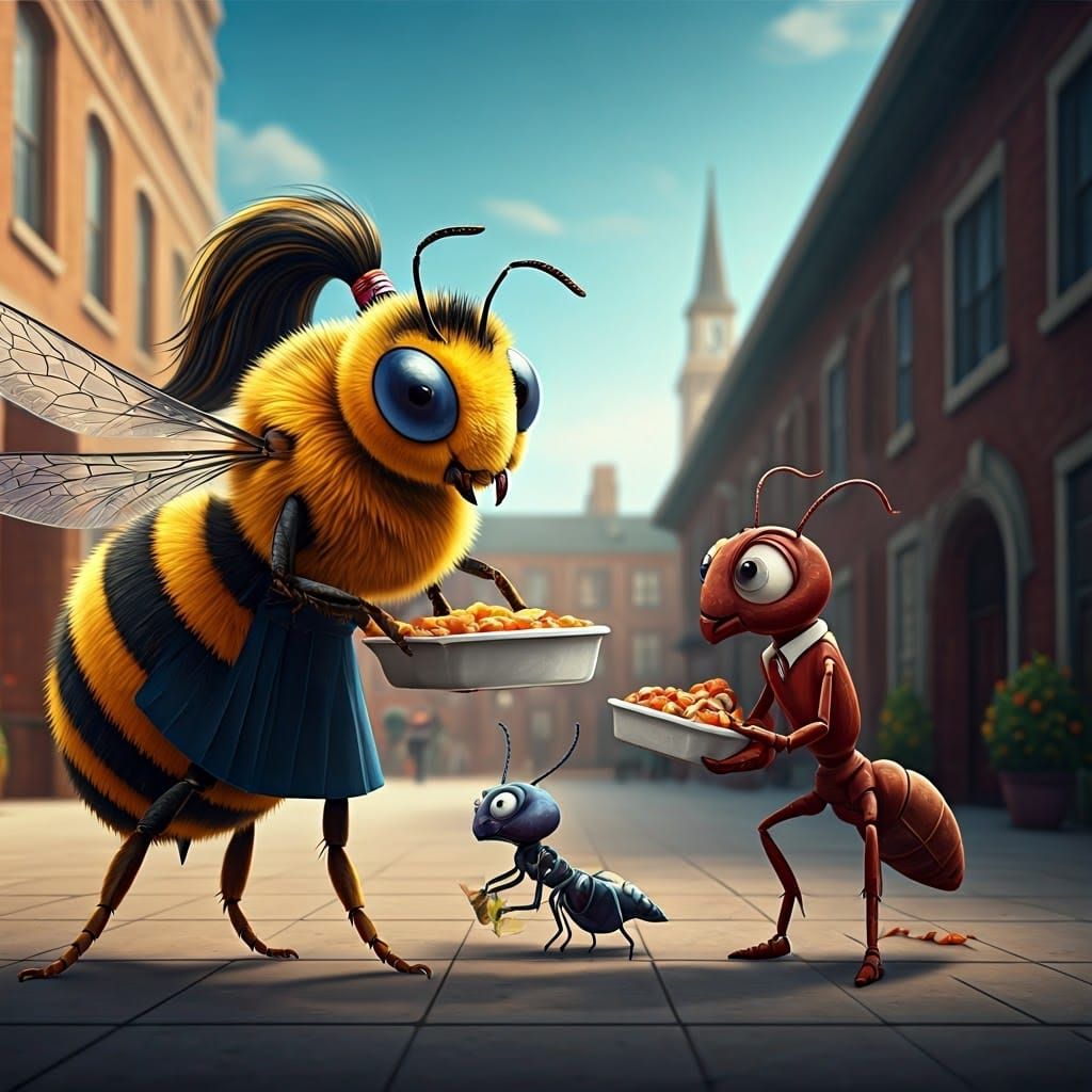 Insects in School Uniforms Exchanging Lunch