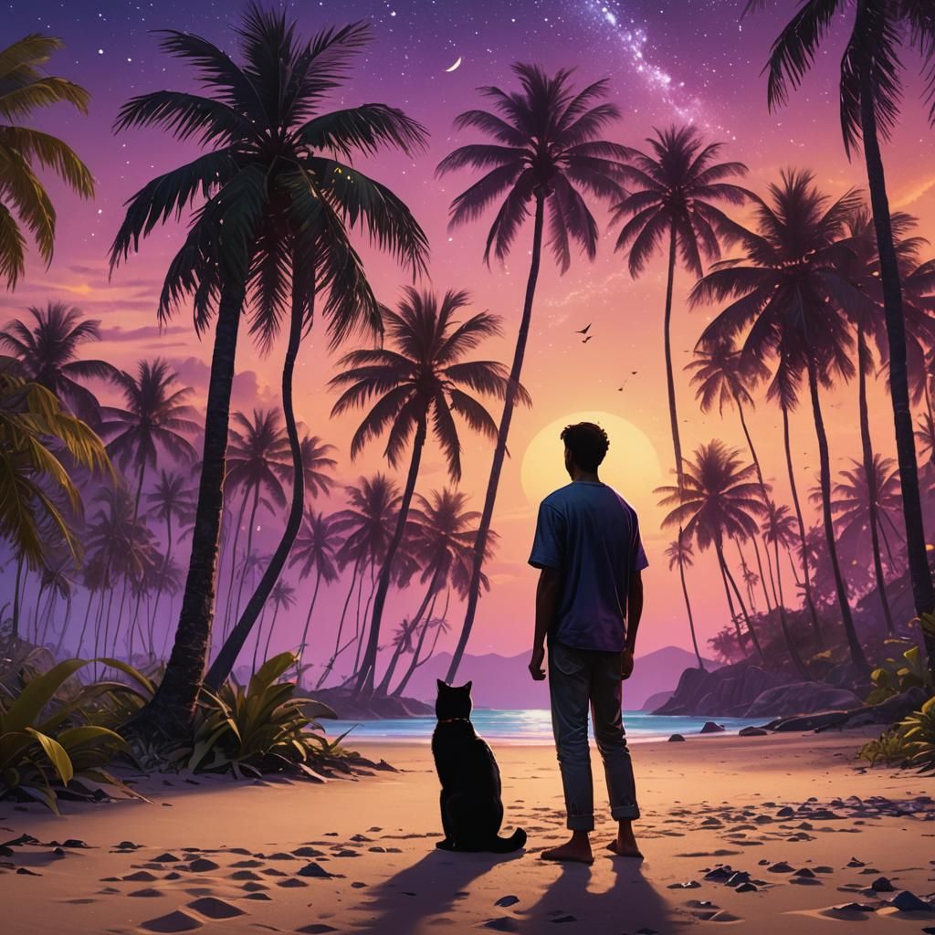Man and Cat Reunited on a Dreamlike Beach