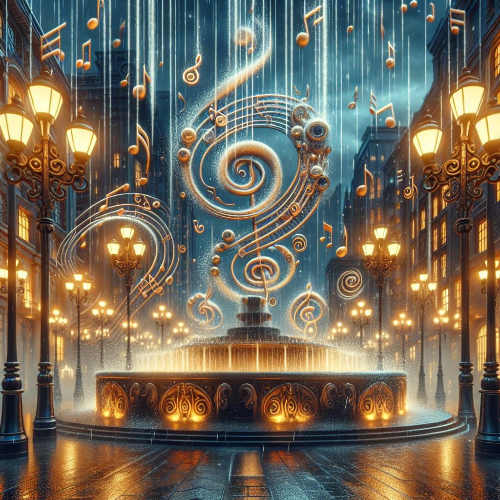 Art Deco Cityscape: Rain of Musical Notes