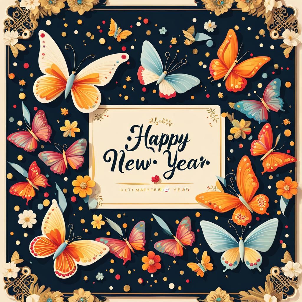 Celebration Postcard with Butterflies and 'Happy New Year'