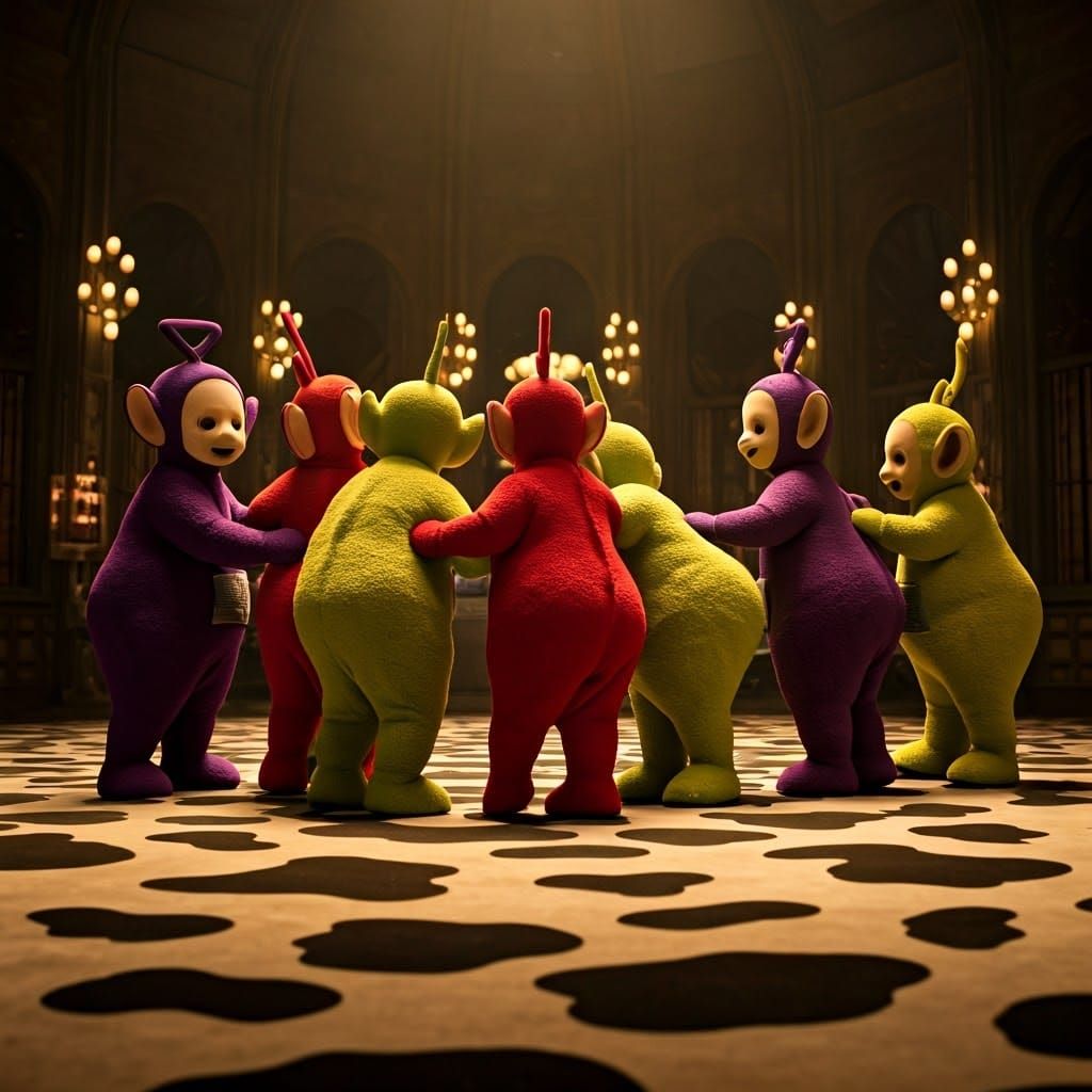 Vibrant Teletubbies Dance in Unison on a Cow-Spotted Carpet