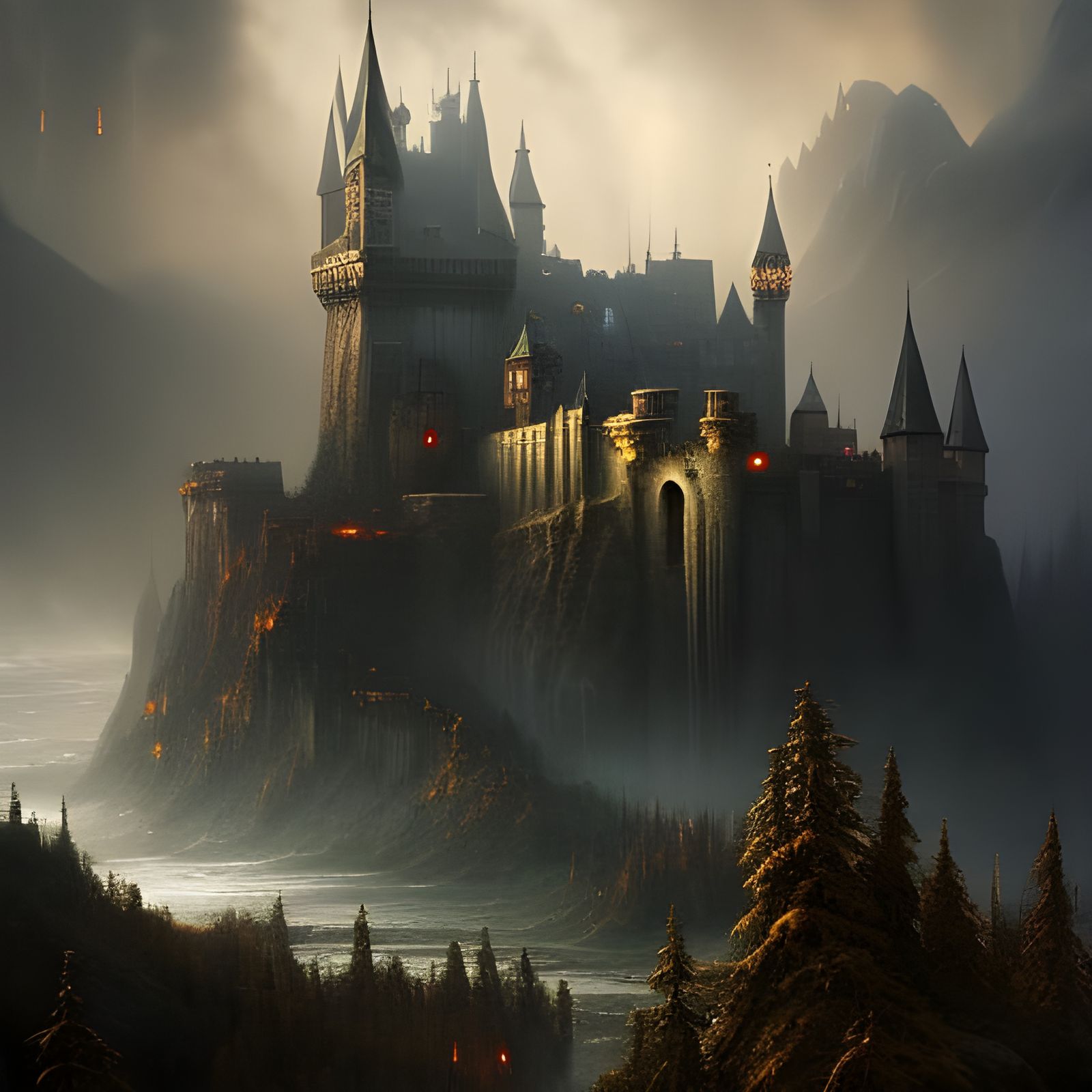 Gloomy Fortress in Misty Mountains: Dark Fantasy Concept