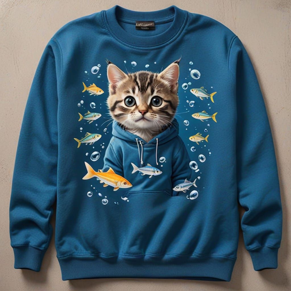 Kitten in Cozy Blue Sweatshirt Surrounded by Flying Fish