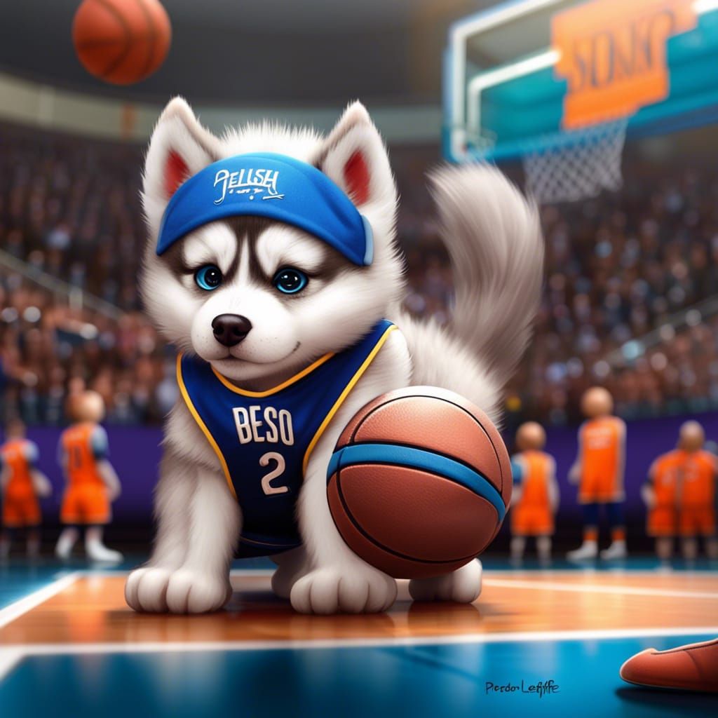 Adorable Husky Puppy on Basketball Court, 3D Rendered