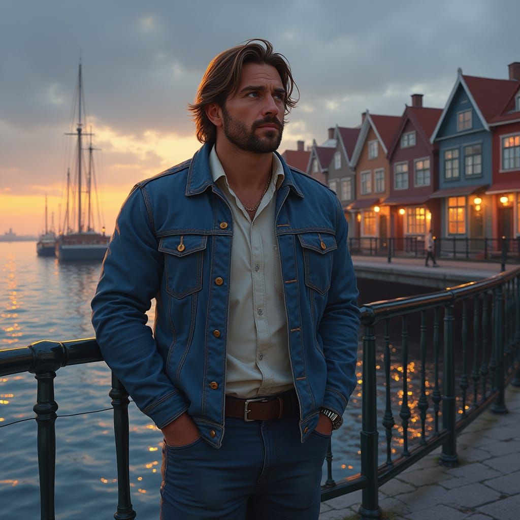 Man in Denim Jacket Overlooking Harbor at Dusk