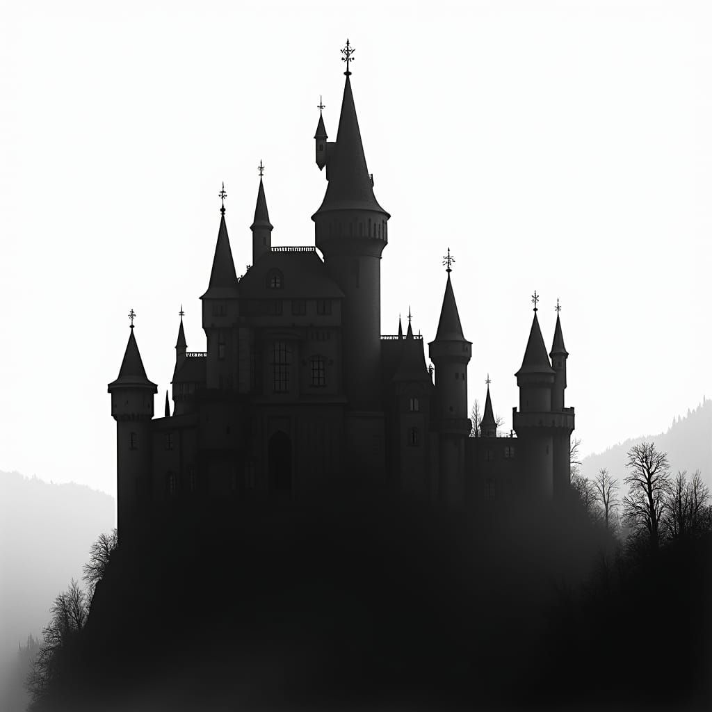 Dramatic Castle Silhouette in 19th Century Etching Style