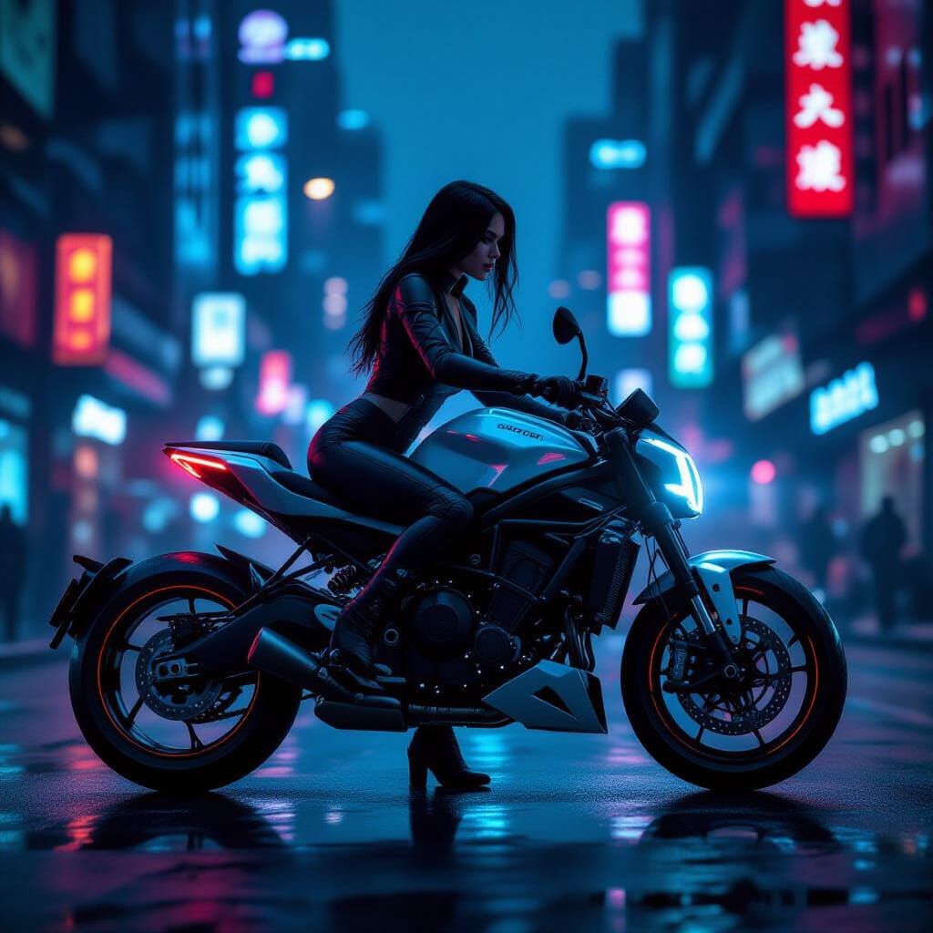 Futuristic Motorcycle Rider in Neon Cityscape