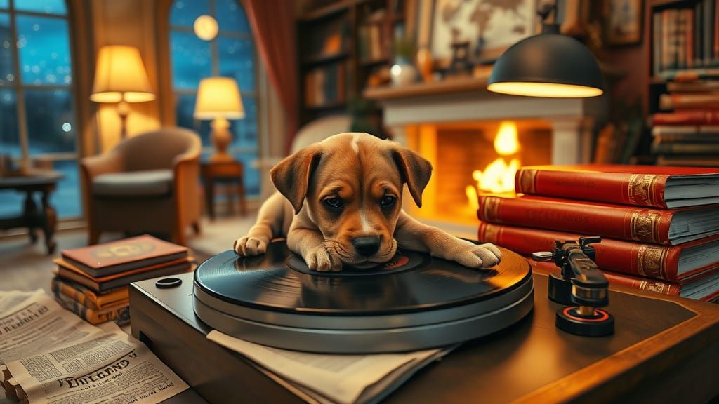 Melancholic Puppy on Vintage Vinyl Record in Cozy Study