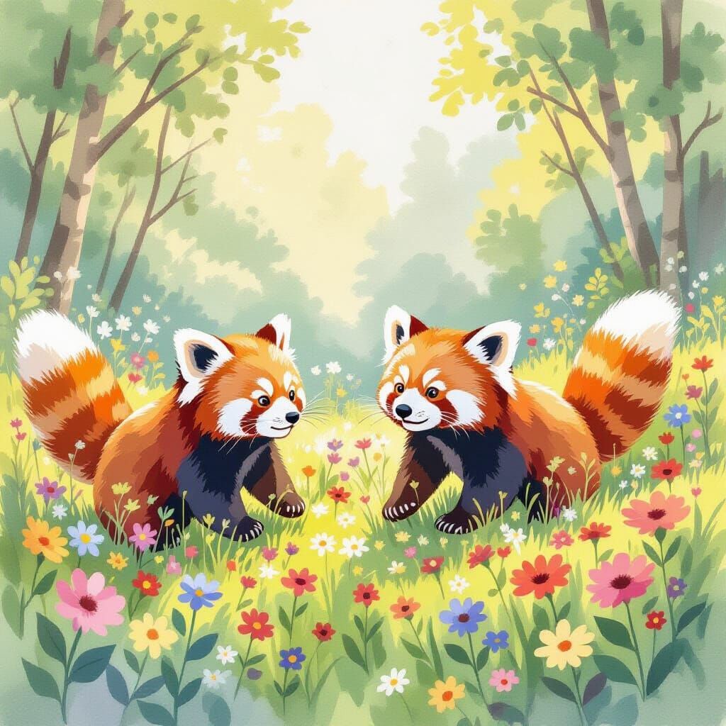 Red Pandas in a Sunny Meadow: Watercolor Painting