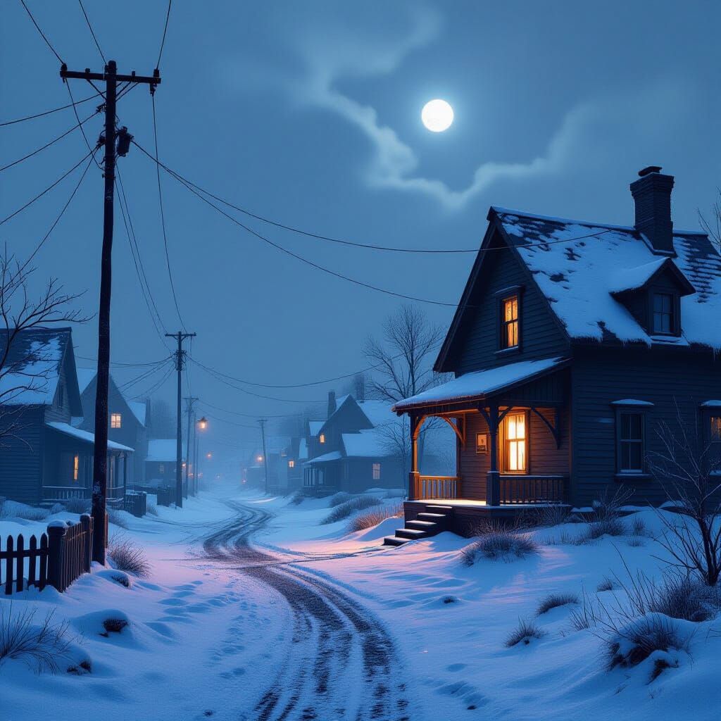 Desolate Snowy Town with Hopeful Warm Light